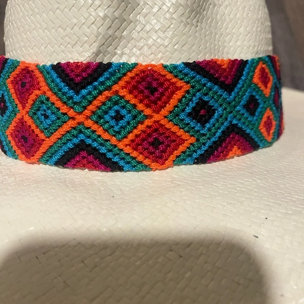ECLECTIC ARRAY | Cream Straw Fedora Falcon Hat with Multicolored Band Aztec Boho